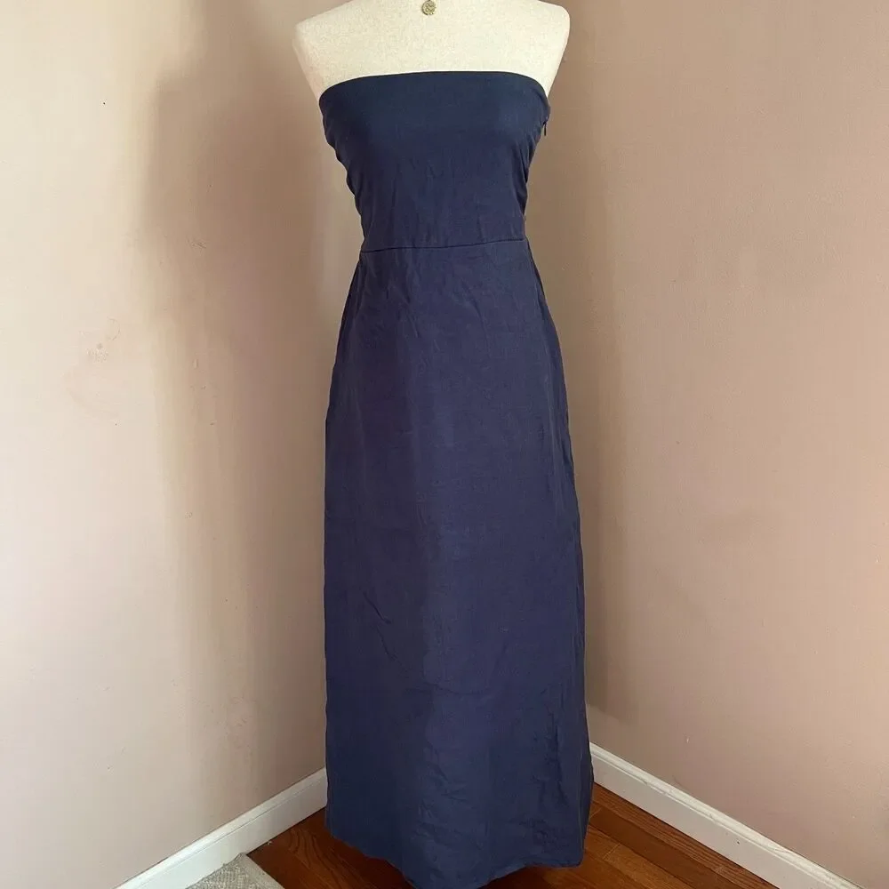 Faithfull The Brand Das Flores Navy Linen Strapless Maxi Dress Euro Summer Sz S